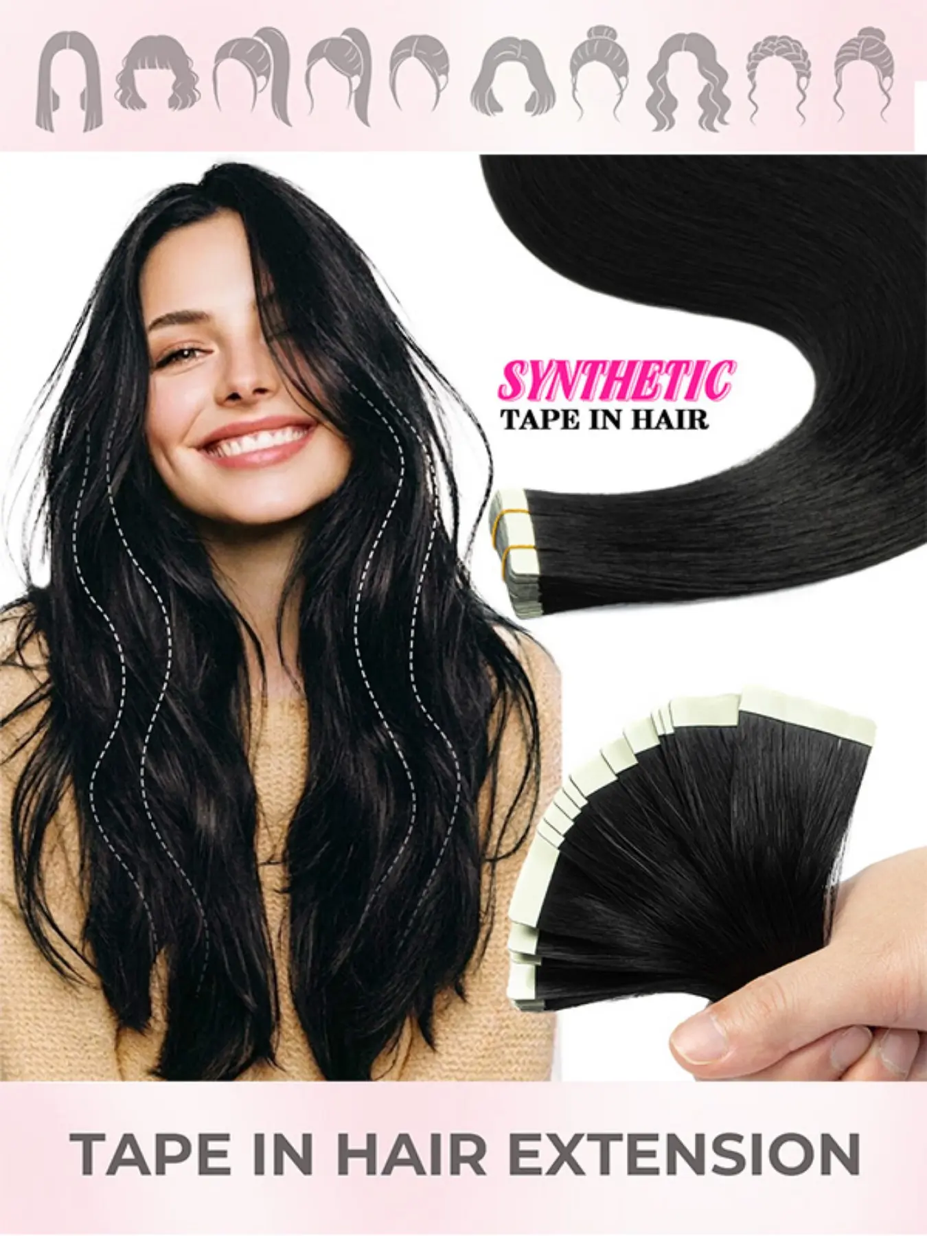 20 Inch Tape-In Hair Extensions, 50g Seamless Synthetic Hair, 20 Pieces, Smooth Straight Hair, Natural Look, Easy Application, Synthetic Fiber Extensions