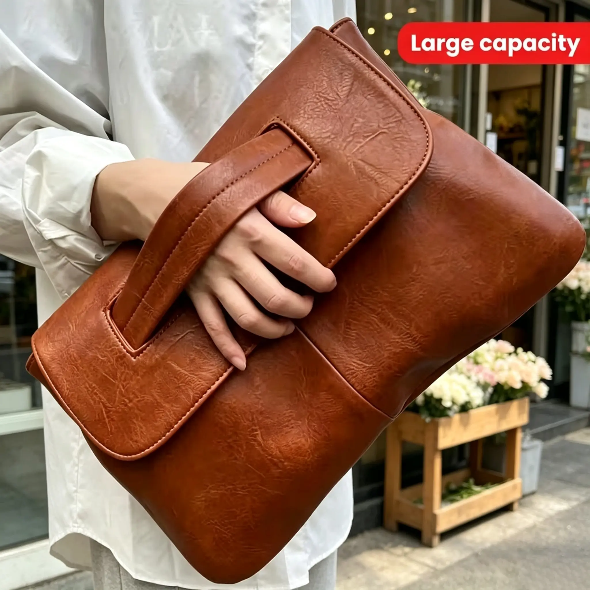 Vintage Oversized Brown Faux Leather Clutch for Women, Elegant Minimalist Evening Bag, Multi-Function Handbag & Retro Envelope Wallet for Daily Commute