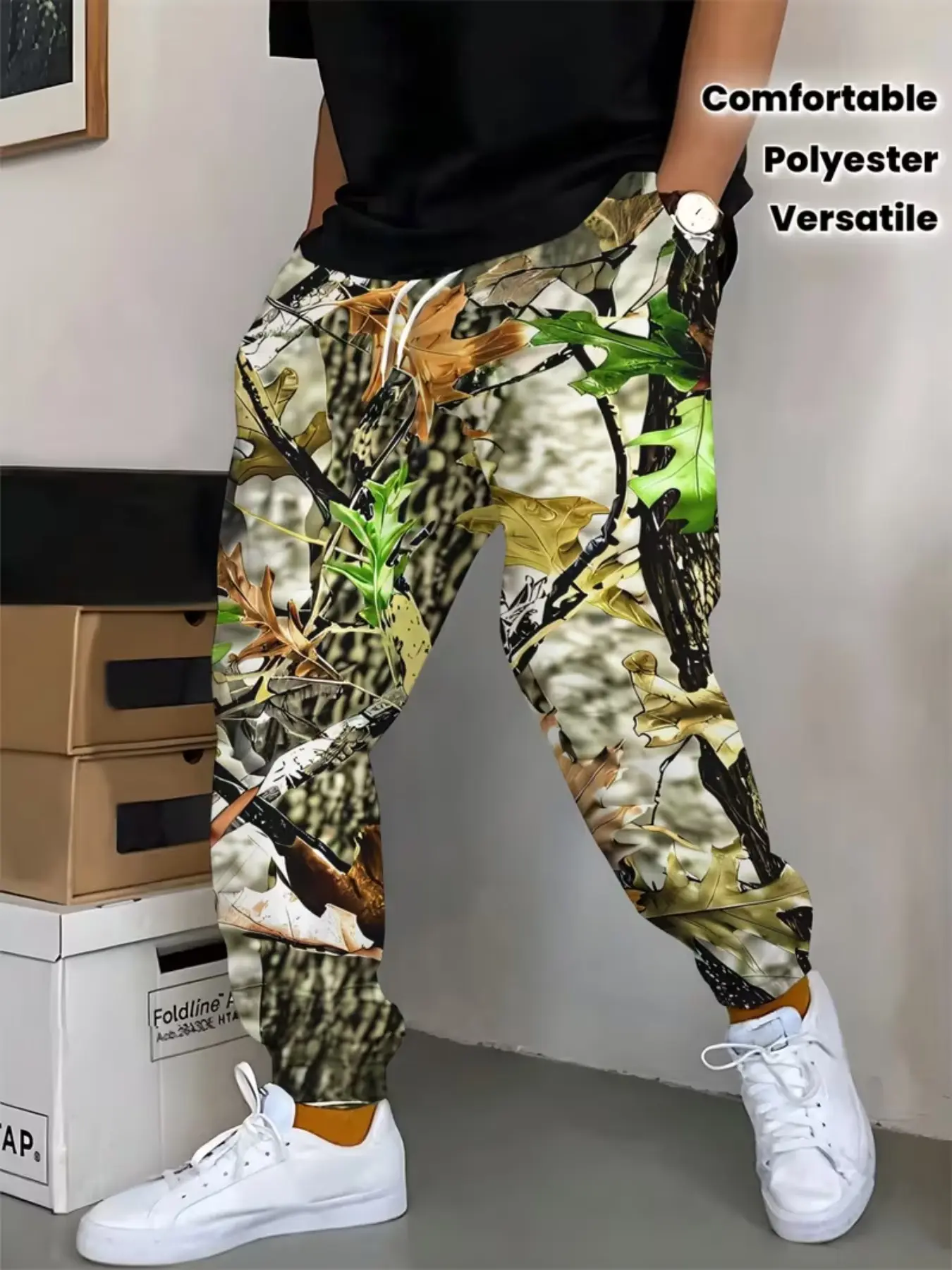 Men's Jungle Leaf Camo Digital Print Sweatpants, Loose-Fit Casual Outdoor Hunting Style, Spring & Fall Sporty Long Pants
