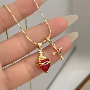 Catholic Religious Necklace Red Zircon Heart Rose Cross Pendant Gift for Easter Christmas with Gift Box