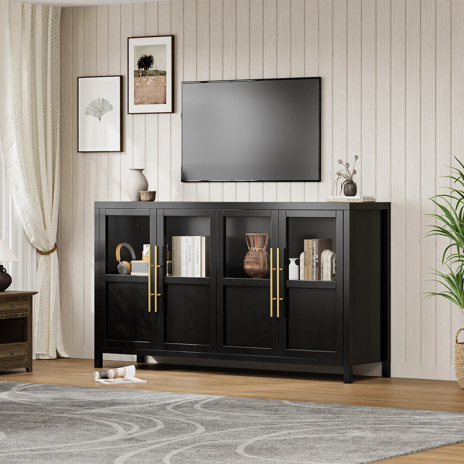 🏡 55" Modern Farmhouse Sideboard with 4 Glass Doors – Natural Wood Buffet Cabinet for Kitchen, Dining Room & Living Room Storage! ✨