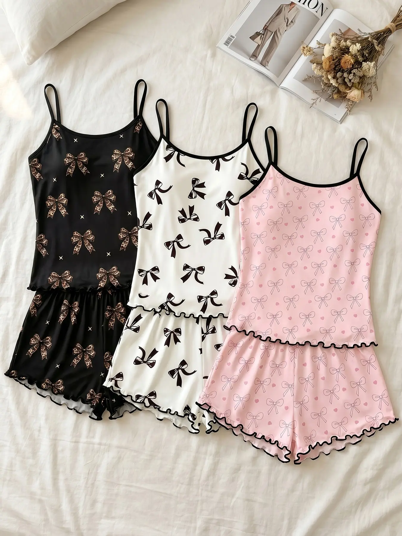 Women's 3 Pack Cami Top and Shorts Pajama Set, Spring Summer Wear, Dayjama Style Bow Print Set, Loose Fit, Casual Loungewear for Home & Quick Errands