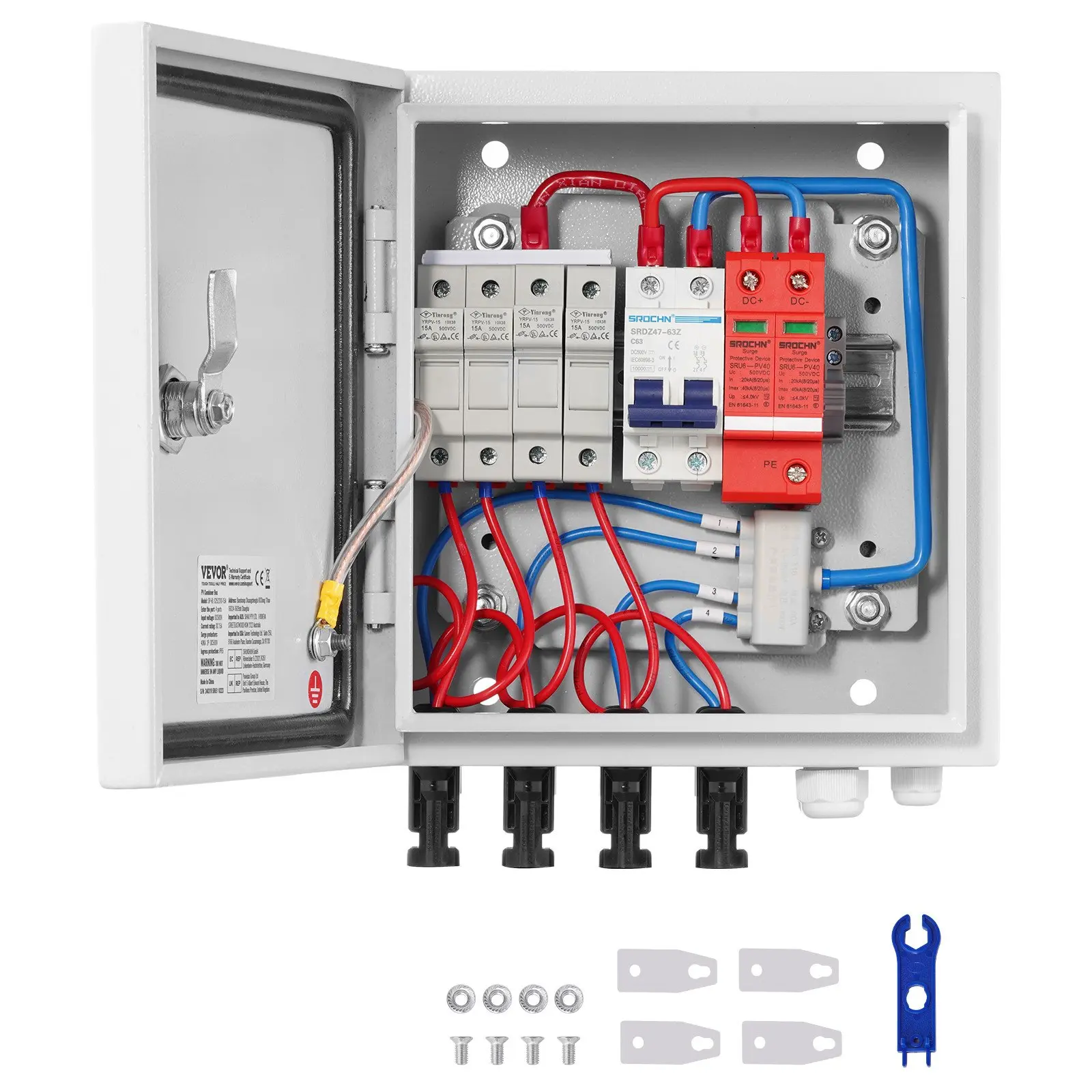 【toolupgrade】VEVOR PV Combiner Box, 4 String, Solar Combiner Box with 15A Rated Current Fuse 63A Circuit Breaker Lightning Arrester and Solar Connector, Steel Case for On/ Off Grid Solar Panel System, IP65
