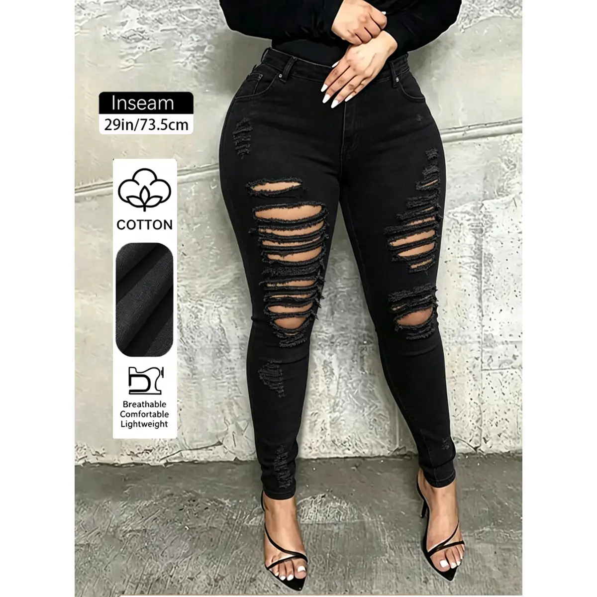 Women's High Waisted Ripped Skinny Jeans | Soft Stretch Cotton Spandex Denim, Flattering Bodycon Fit for Casual Streetwear, Crop Tops, Polyester city street, Jean Pants, Day trouser, Blouses, Lady, Basic, Street Wear, Piece, Sexy, All Season, Bodycon Cut