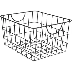 Large Wire Basket with Handle Black Metal Utility Storage Bin for Organizing Kitchen Pantry Cabinets Closet and Garage Shelves, Steel Metal Basket Storage Organizer Bin with Handle