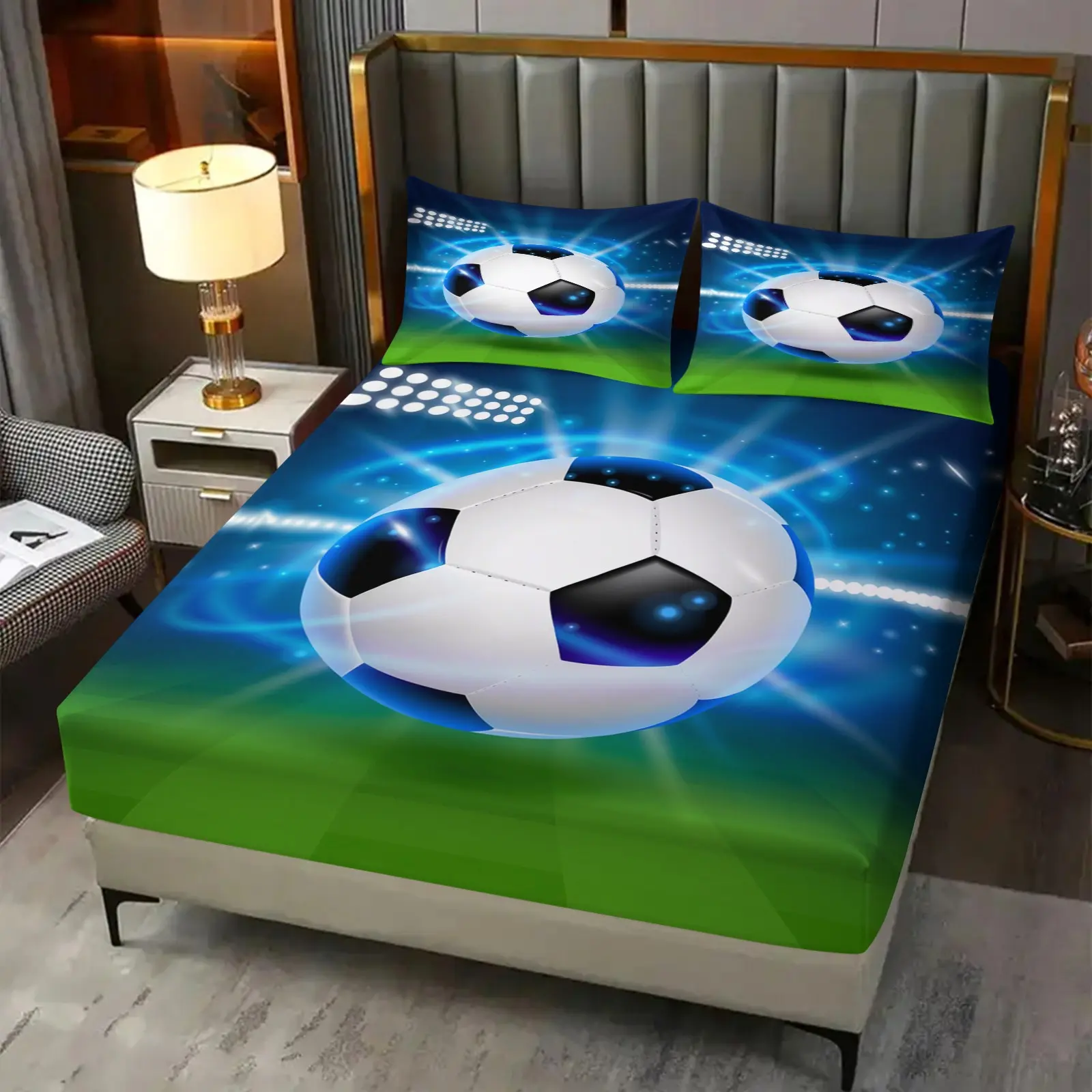 3D Soccer Breathable Fitted Sheet Set Queen Size 3 pcs, Football Pattern Games Bed Sheets Set for Boys Girls Teens Sports Theme Bedding Set Room Decor, Decorative Bedding Set, 1 Fitted Sheet + 2 Pillowcases