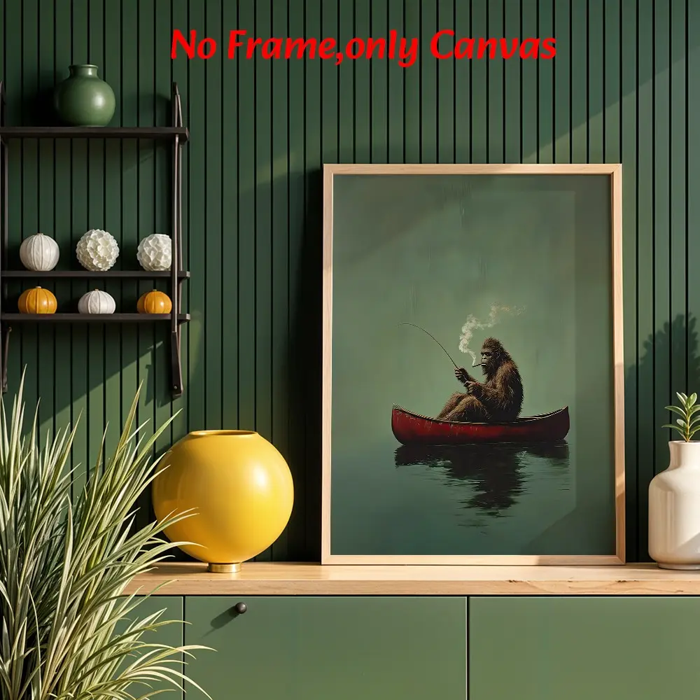 Sasquatch Fishing Vintage Poster, Sasquatch in Canoe Wall Art, Western Wall Art, Wall Decor for Home Living Room Bedroom Office, Home Decor, Photo