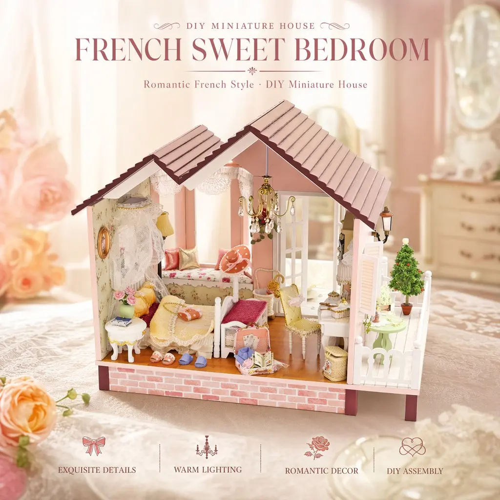 A-005 DIY Mini House Model, Romantic European Style, Dreamy Cottage, LED Lights, Perfect for Gifts and Decor, Ages 14+