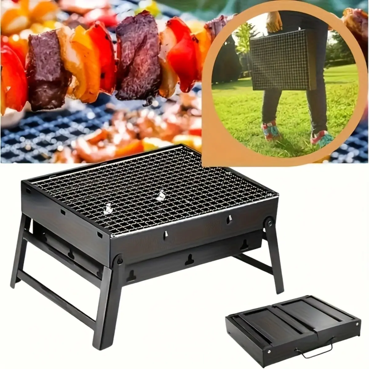 Stainless Steel Folding BBQ Grill - Cooking BBQ Camping Portable Barbecue Camping Charcoal Stove - Ideal Heavy Duty Cookware for Outdoor Picnic, Backyard Party and RV Travel - Sleek Space-Saving Design