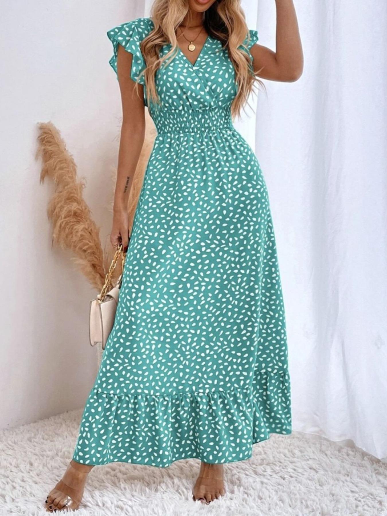 Women's Spring Summer Fashion Casual Floral V Neck Ruffle Waist Slim Bohemian Boho Style Dress, Long Cap Sleeve Fitted Wrap Dress for Vacation Women's Spring Summer Fashion Casual Floral V Neck Ruffle Waist Slim Bohemian Boho Style Dress, Long Cap Sleeve Fitted Wrap Dress for Vacation