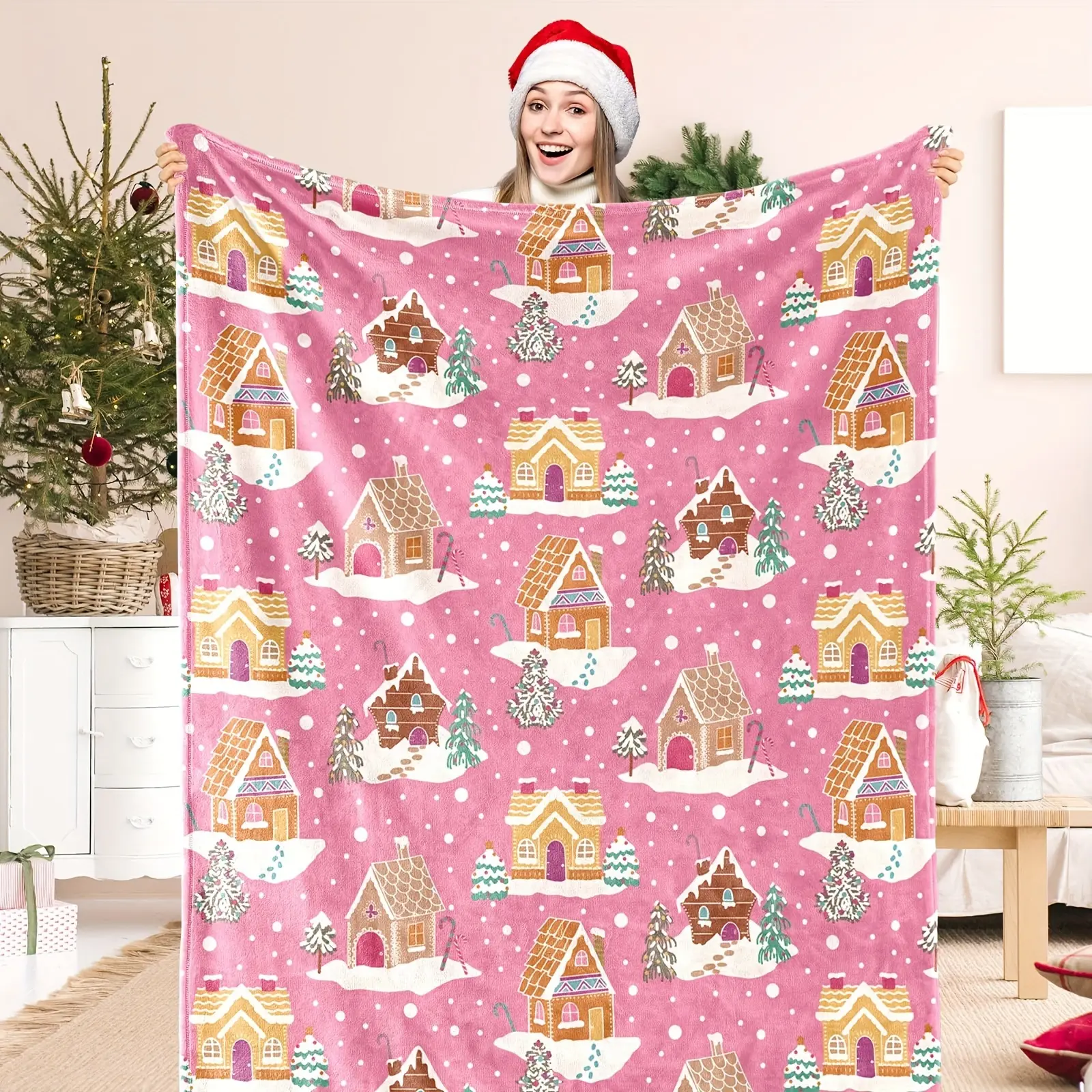 Launch 1Pc Christmas Blanket, Pink Christmas Gingerbread House Blanket, Soft And Cozy Flannel Throw, Perfect For Christmas Home Decor, An Excellent Gift For The Holiday Season, Sofa Blanket, Throw Blanket