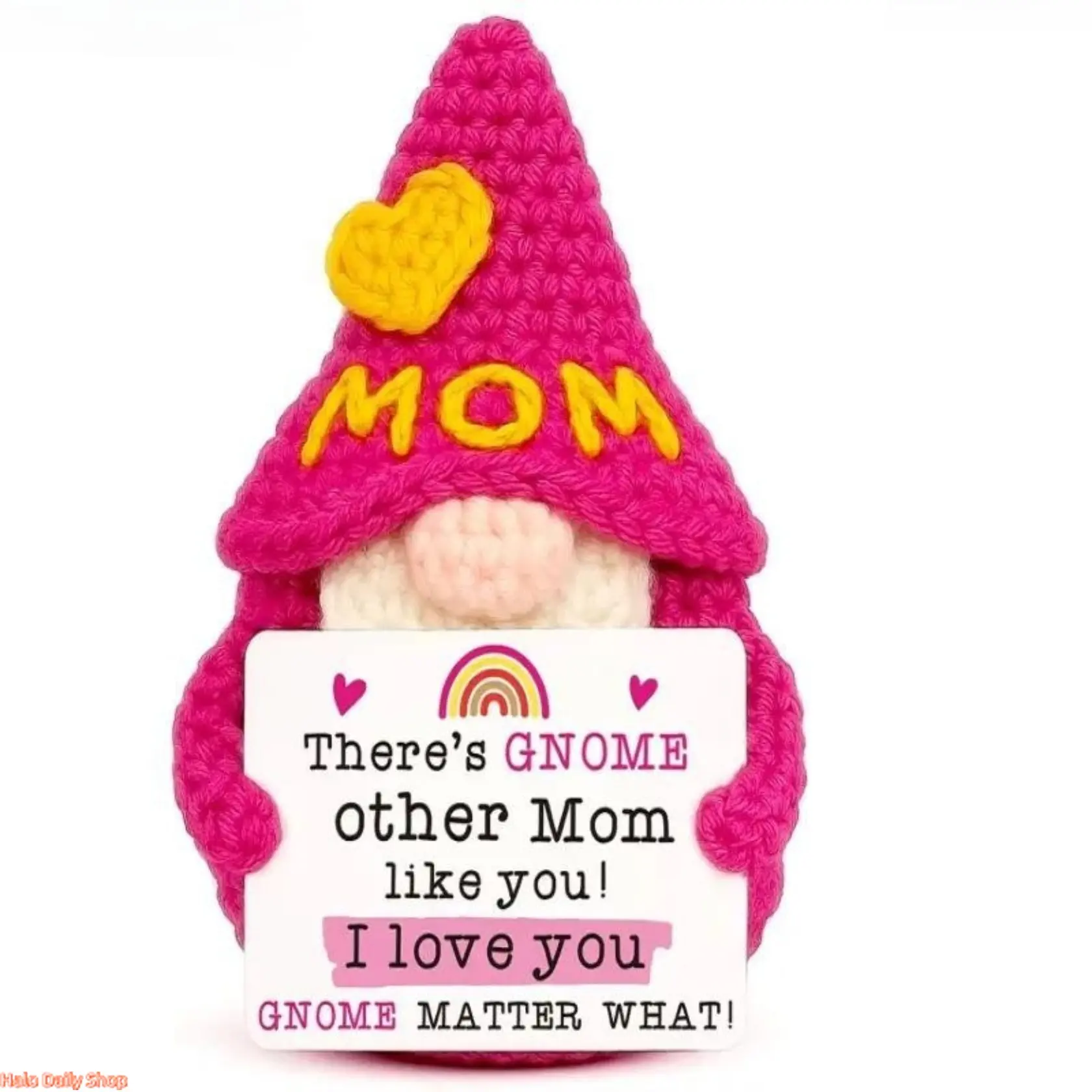 Handmade Crocheted Yarn Gnome Figurine by Lune - "Gnome Matter What" Sentimental Pink with Yellow Heart, Mother Gift (Mothers Day Idea, Cute Figurine Form Pick)