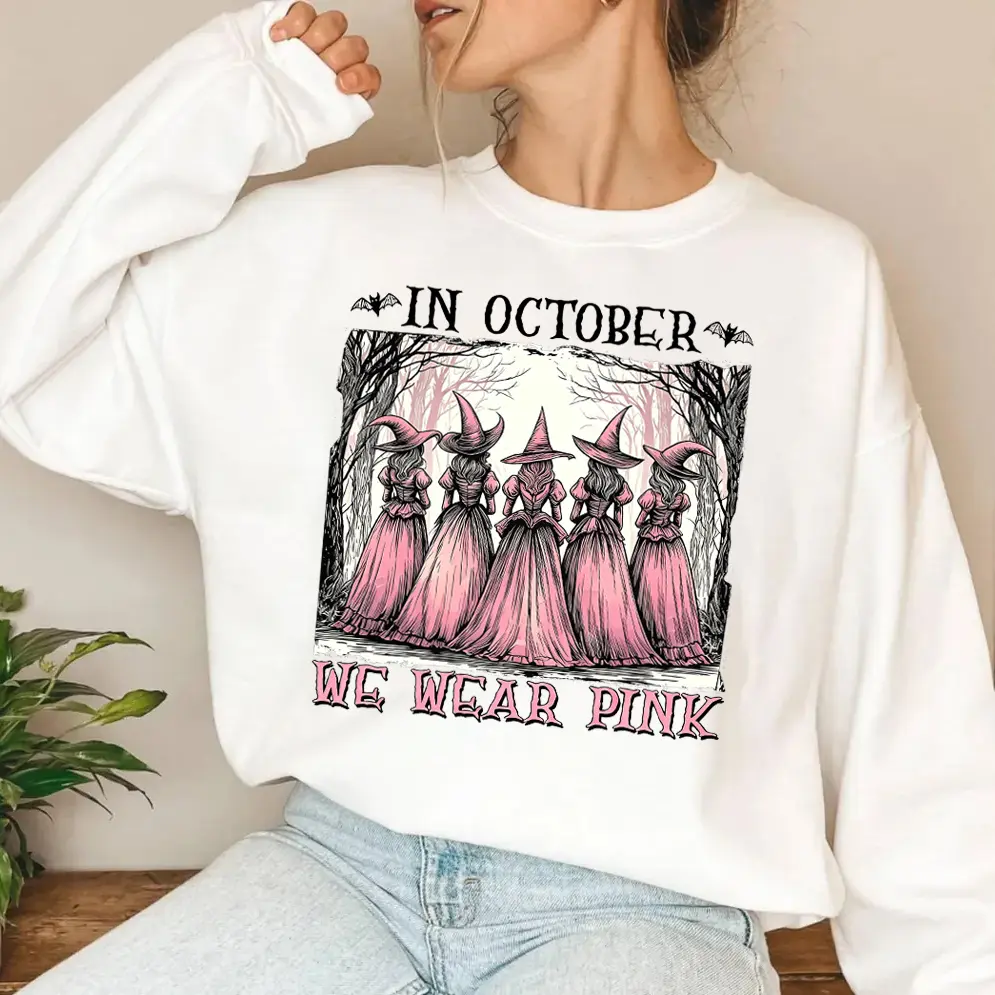 Women's Cotton Long Sleeve Loose Breast Cancer Awareness Halloween Oversized Crewneck Sweatshirt - October Pink Witch Forest Prints, Fall Casual Pullover for Birthday & Everyday Wear