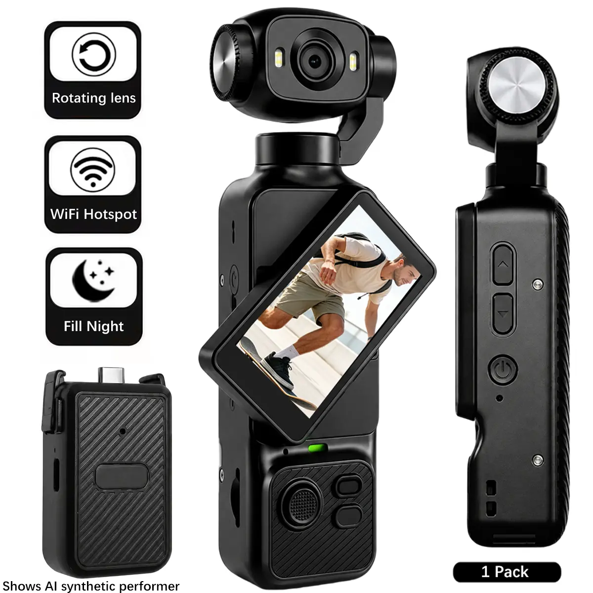Creator Rechargeable Vlog Camera with Flip Screen, 1080P HD Pocket Camera with Rotating Lens, WiFi Video Camera with LED Fill Light for TikTok, YouTube, Travel Vlogs & Social Media