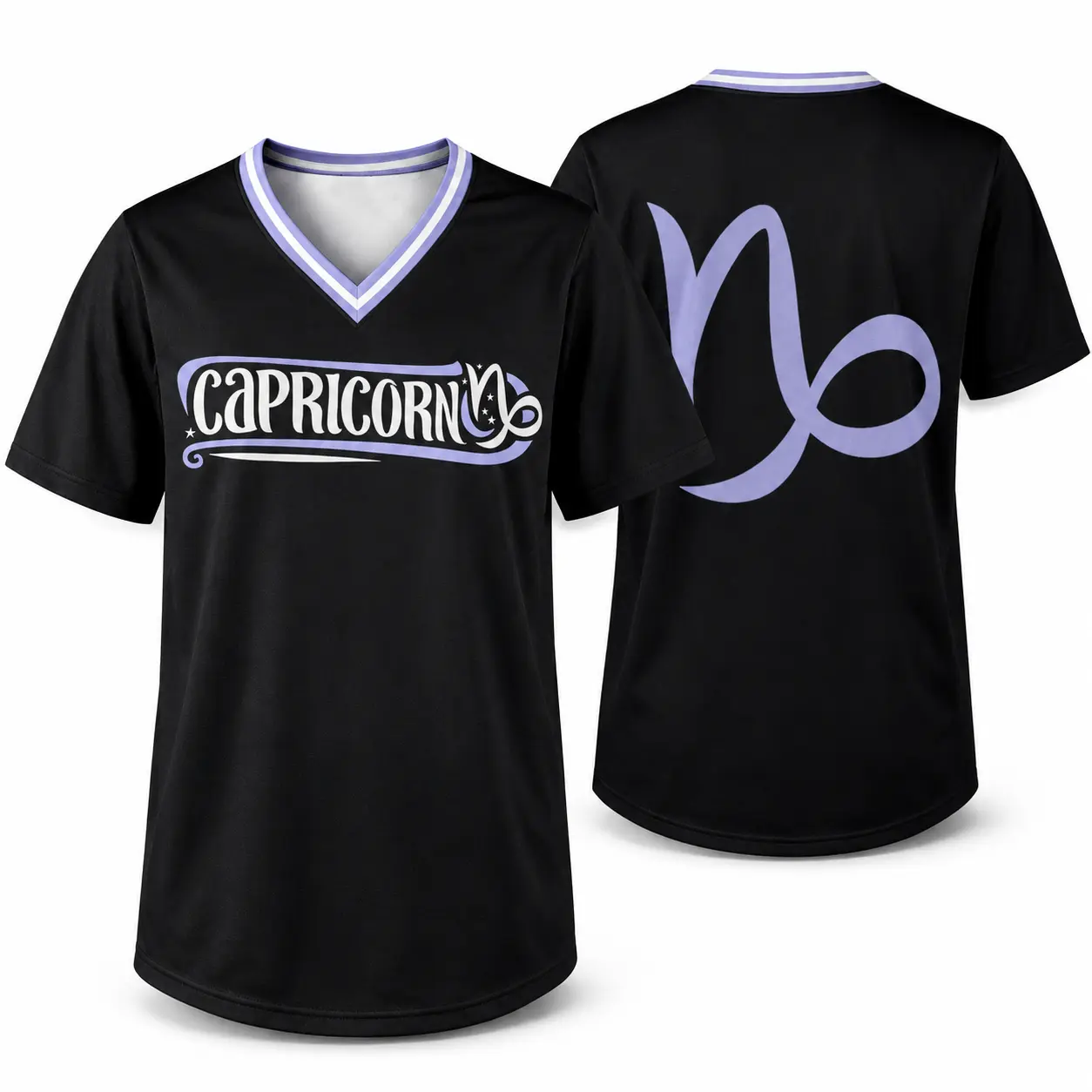 Unisex Sporty Chic Zodiac Sign V-Neck Short-Sleeve Jersey Shirt - Black/Lavender Polyester Top, Front Name & Back Symbol Print, Lightweight Breathable Astrology Style for Daily Wear, Summer Parties (Sports & Outdoor)