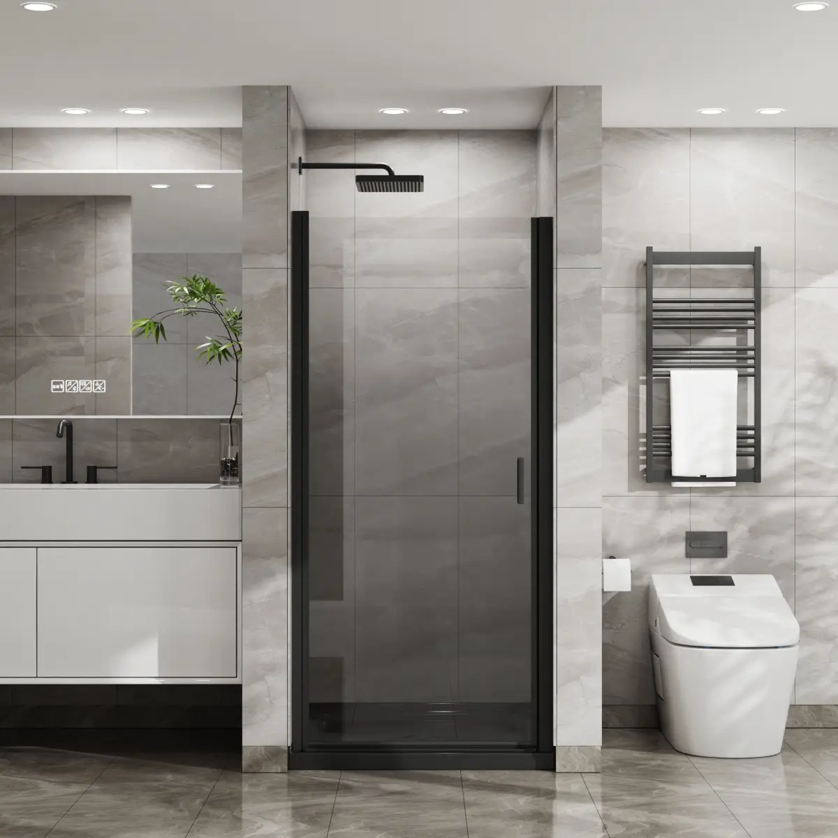 Goodyo 34"x72" Pivot Shower Door, 1/4 inch Thick Tempered Glass Swing Shower Door in Black Finish, Semi-Frameless Design