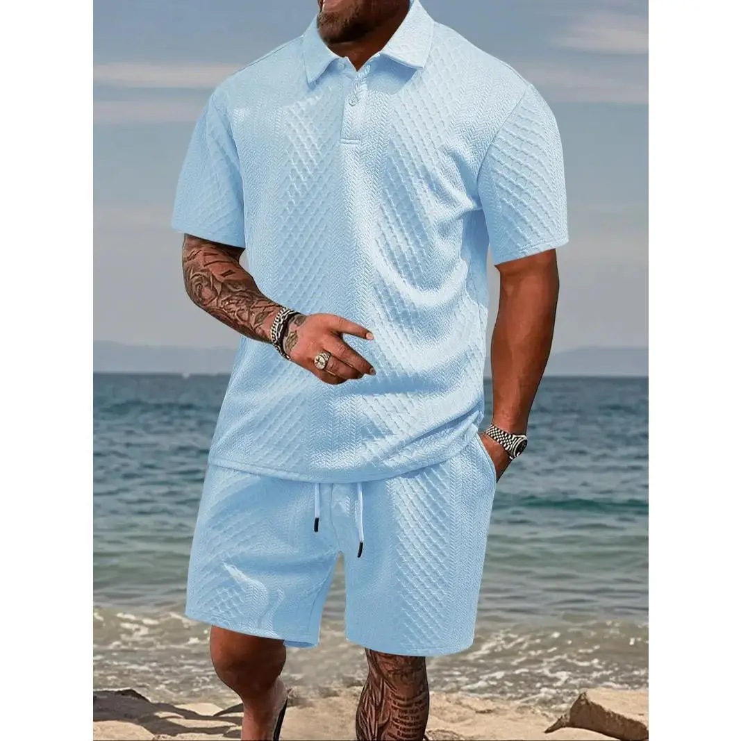 KZZ Men's Solid Polo Shirt & Drawstring Waist Shorts Set Cozy Breathable Two-piece Outfits for Daily Outdoor Wear Menswear Suits Casual Clothes