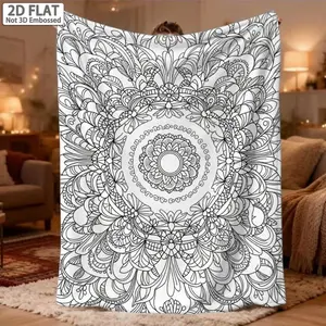 2D Flat 1pc Blanket Soft Single Sided Printed Blanket, Coloring Page for Adults, Mandala Background with A, Suitable for Napping, Camping, And Traveling, Machine Washable Blanket