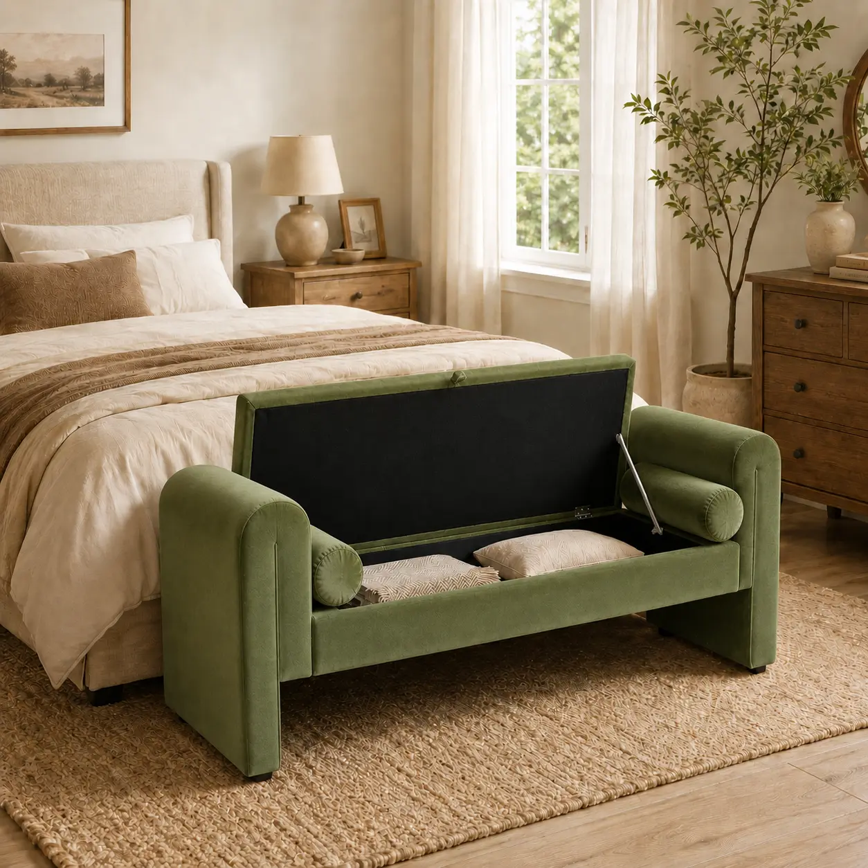 ARCH 60 Inch Storage Bench with Wood Frame, Green Velvet Upholstered Long Bench for Bedroom, Living Room, Mudroom, Entryway, Extra-Length Multi-Purpose Seating with Storage, Modern Minimalist Hall Tree Bench, Green Color Options, Wood Material