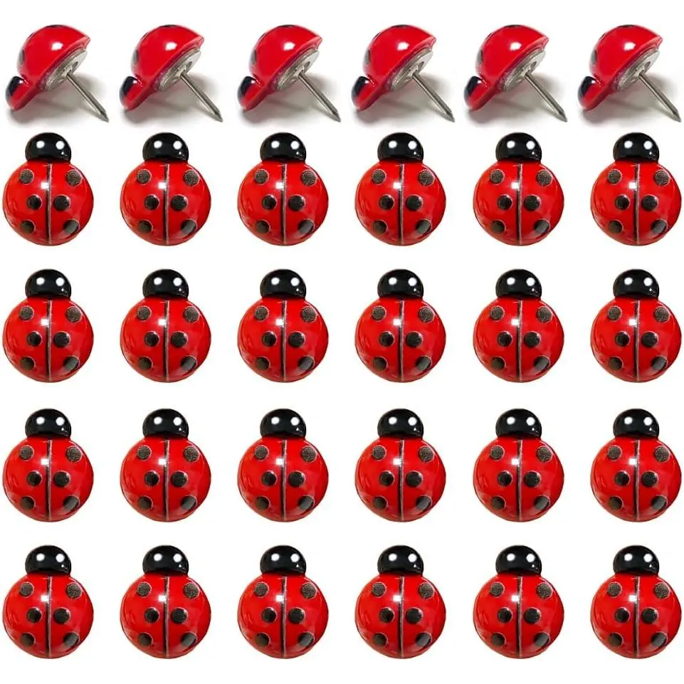 30 count Ladybugs Push Pins Cute Thumb Tack Creative Pushpins Decorative Ladybug Drawing Pins for Photos Wall, Maps, Bulletin Board, Cork Boards, Whiteboard, Office or  (Red)
