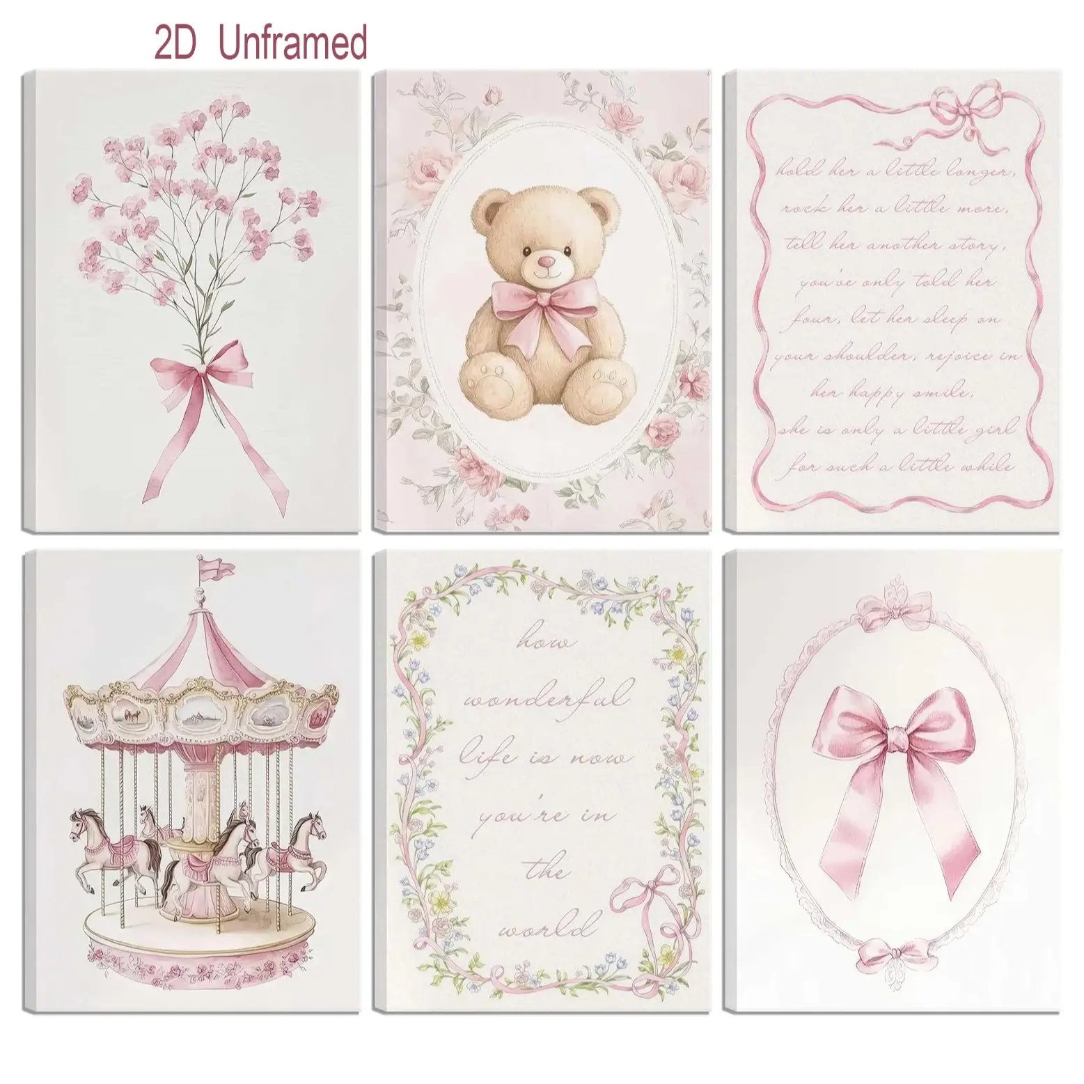 6-Piece Set  Frameless   Pink Vintage Nursery Wall Art Posters—Cute Carousel and Teddy Bear Canvas Wall Decor, Pink Bow and Floral Posters—Perfect for Decorating Little Girls' Bedrooms and Children's Rooms