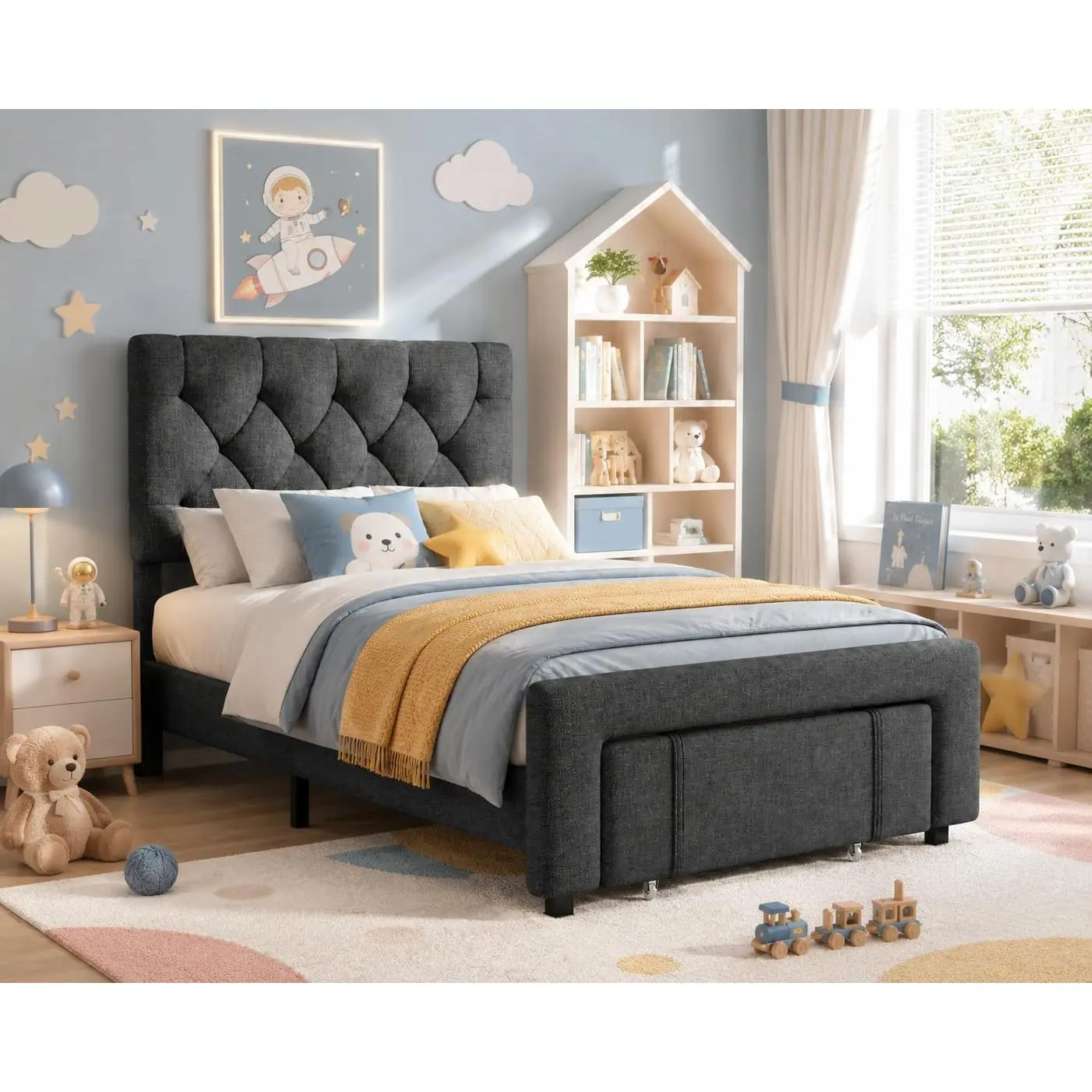 Twin Size Upholstered Platform Bed Frame with Storage Drawers & Solid Wooden Slats Support – No Box Spring Needed