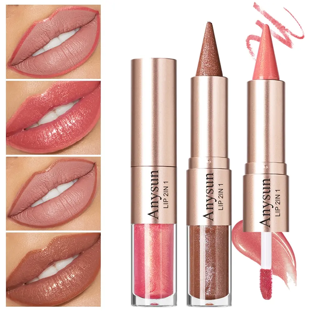2-in-1 mirror lip gloss, non stick to makeup, waterproof to outline lip lines, double ended lip gloss