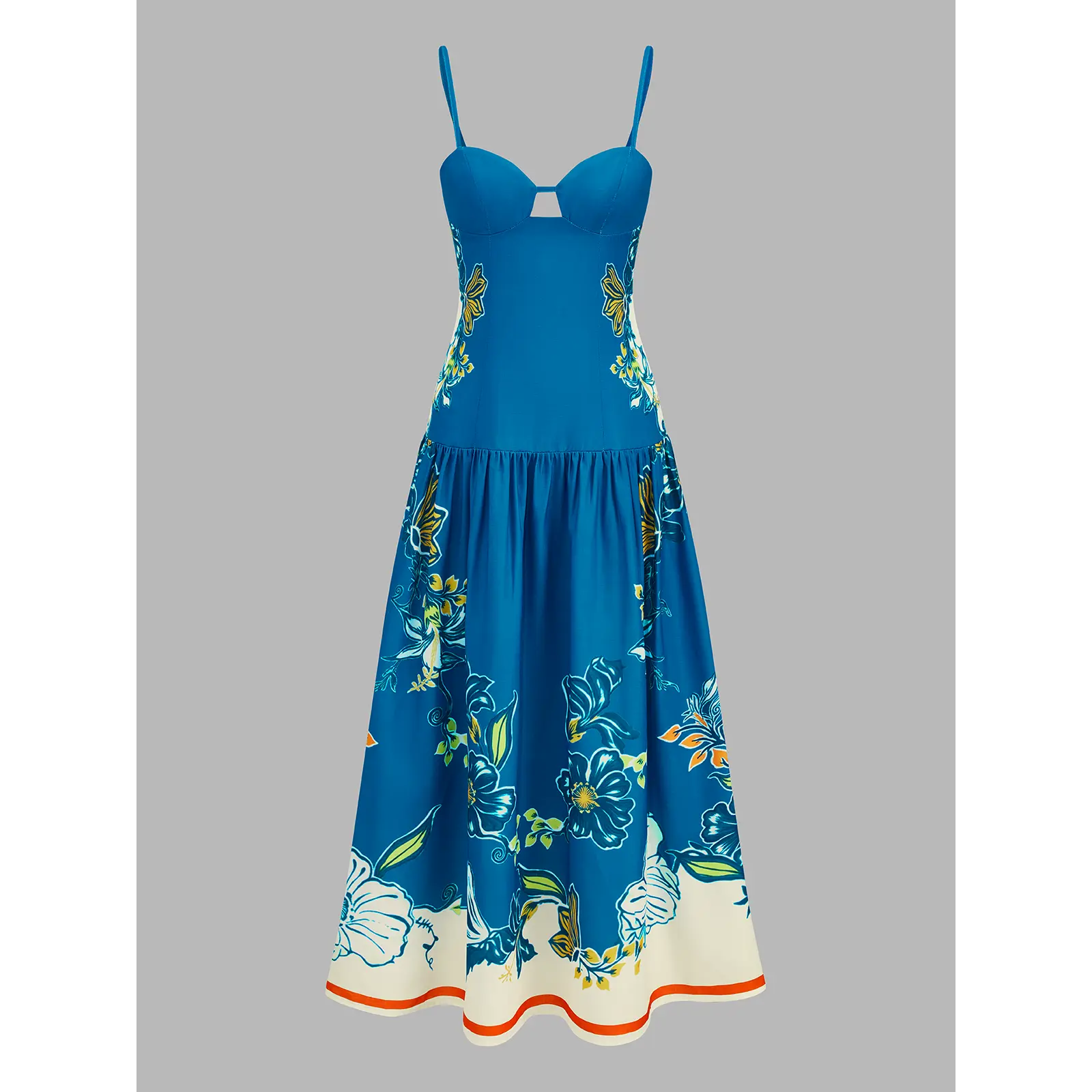 Women's Floral Print Sleeveless Spaghetti Strap Fitted Cut-Out Bust Cami Midi Dress for Ladies