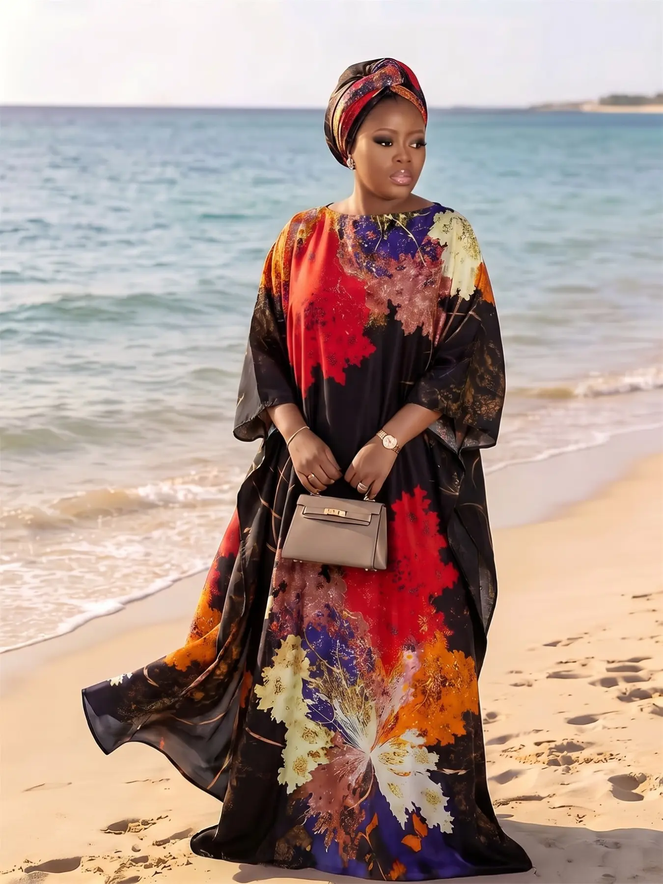 Women's Boho Colorful Abstract Flower Satin Kaftan, Matching Hijab Set, Modest Loose Long Dress, Perfect for Vacation