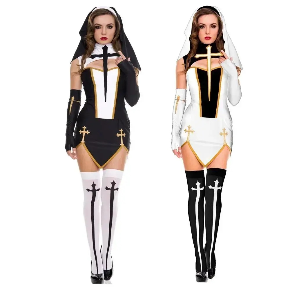 Women's Sexy Nun Cosplay Costume, Religious Mini Dress with Headpiece for Halloween and Carnival Parties, Fitted, Cosplay Costume Set, Sexy Look, Halloween Character Costume Sets, Theatrical Costume Sets