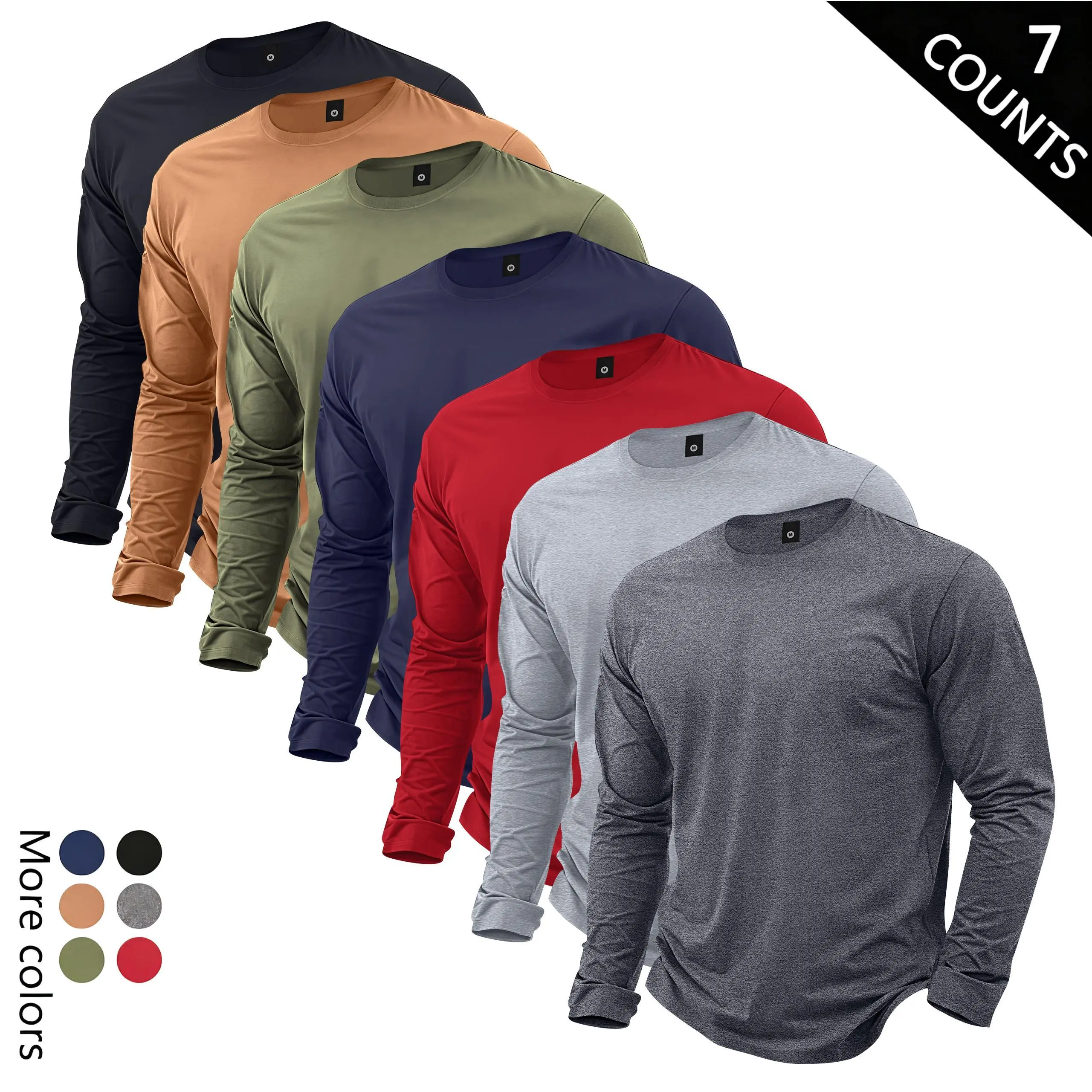 Men’s lightweight loose-fit long-sleeve T-shirt set (7 pieces) for spring/autumn; trendy casual athletic black tops—ideal as a gift for husband or boyfriend; suitable for streetwear, commuting, outdoor activities, and vacations.