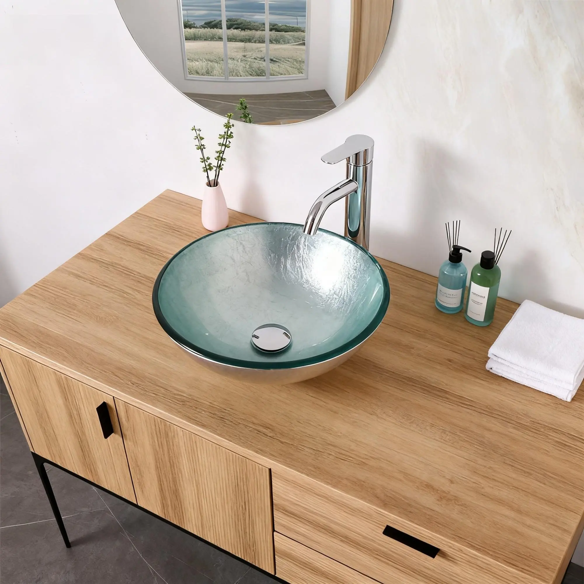 ARCH Artistic Tempered Glass Vessel Bathroom Sink - Silver Finish, Above the Countertop Round Basin with Pop-Up Drain, Enhances Light Reflection, Resists Chipping/Cracking, Easy to Clean for Bathroom Vanity, Home Improvement Fixture