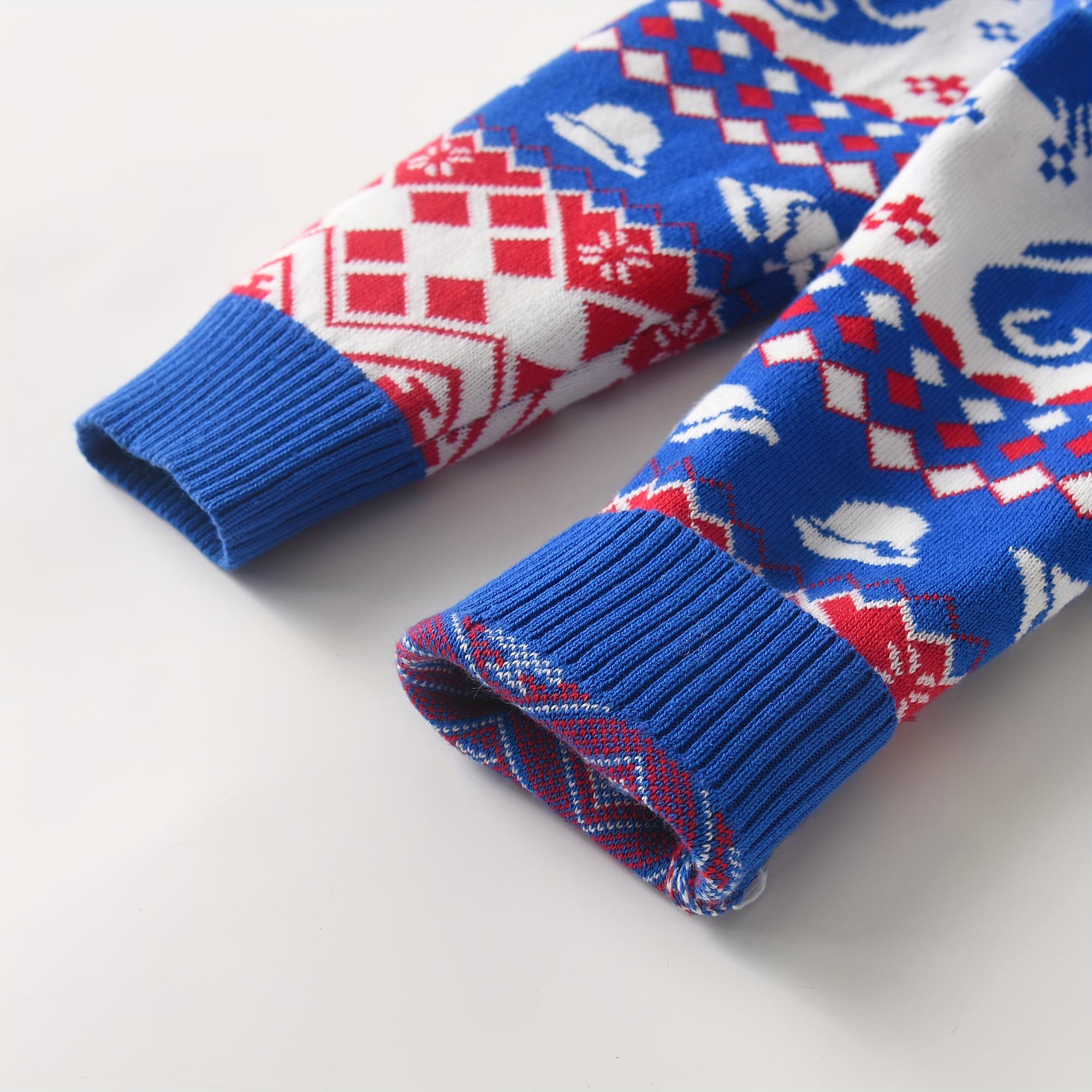 Boys' Heavy-Duty Winter Sweater - Double-Layer Thick Knit Pullover with Reindeer & Snowflake Christmas Pattern, Blue/Red/White Sweater Vest for Kids, Machine Washable Round Neck Long Sleeve Coat-like Top (Holiday & Casual Attire)