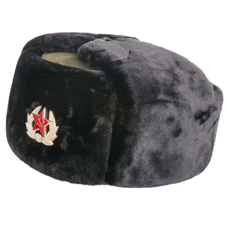 Men's Winter Soviet Badge Lei Feng Hats Russian Ushanka Hat Outdoor Warm Thicken Faux Rabbit Fur Windproof Snow Caps