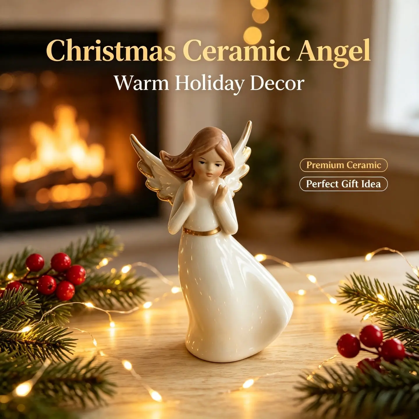 Graceful Praying Ceramic Christmas Angel Figurine, Gilt‑trimmed Porcelain Angel Statue Ornament, Premium Handcrafted Holiday Mantel Shelf Tabletop Home Decor, Cozy Fireplace Side Desktop Centerpiece, Ideal Xmas Gift, Thanksgiving New Year Housewarming Pre