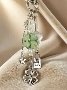 Ligui 1 Pc Soft Girl Aesthetic Clover Keyring for Women | Silver Metallic Star Tassel Bead Charm | Trendy Airpods Case Canvas Bag Accessories