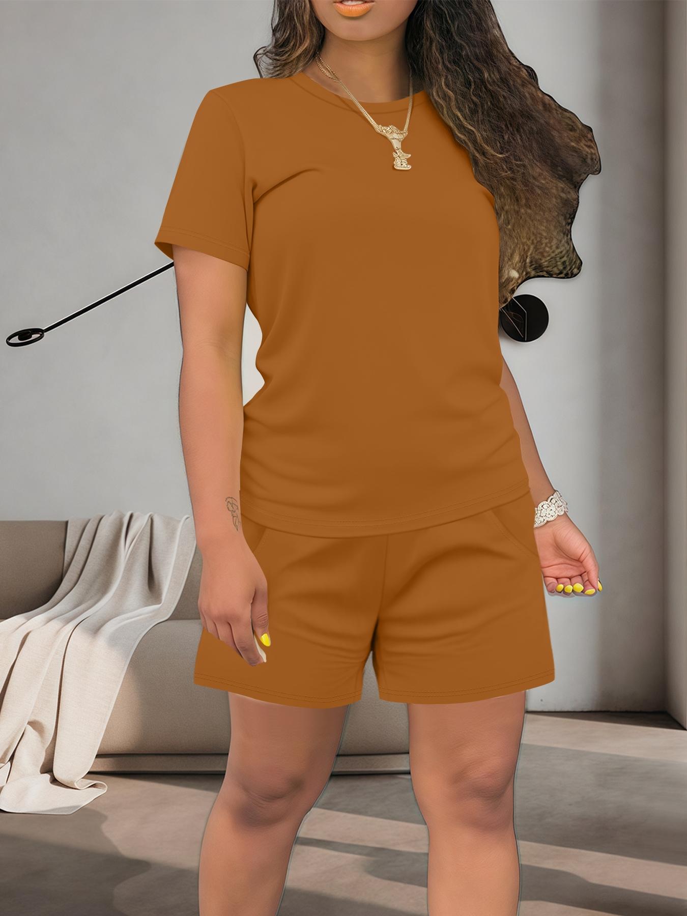 Women's Summer Casual Set, Regular Fit Short Sleeve Top & Shorts, Plain Color Women's, Comfortable Daily Wear