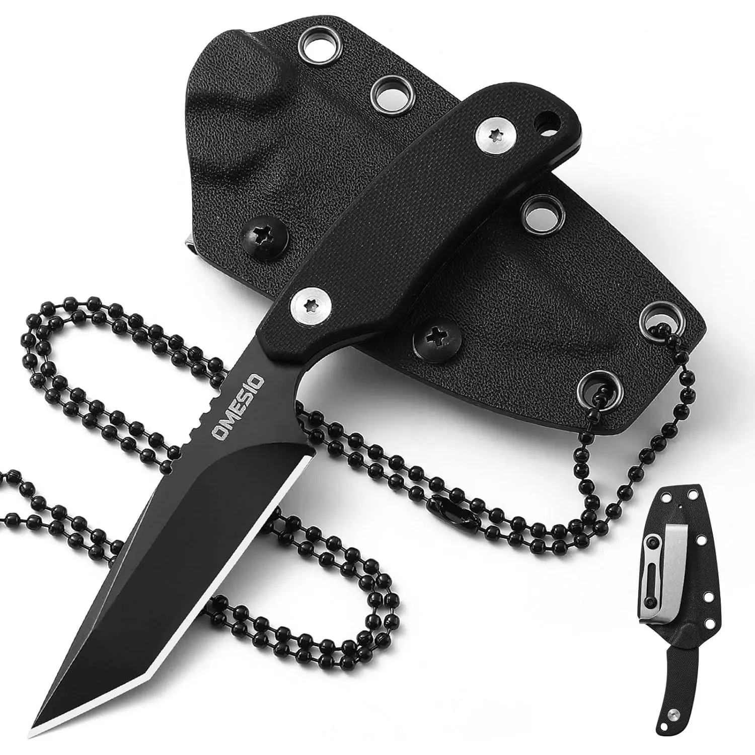 Neck Knife, Small Tanto Fixed Blade with Kydex Sheath and Clip, Full Tang 6" Necklace, Mini Tactical EDC Knife - D2 Steel, G10 Handle (Black Steel + Black Handle)
