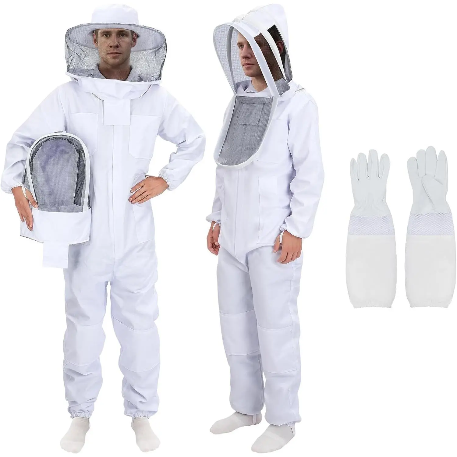 Solid Full Body Bee Suit for Beekeeping, Unisex Sting-Proof Workwear Jumpsuit with Gloves & Interchangeable Fencing and Round Veils