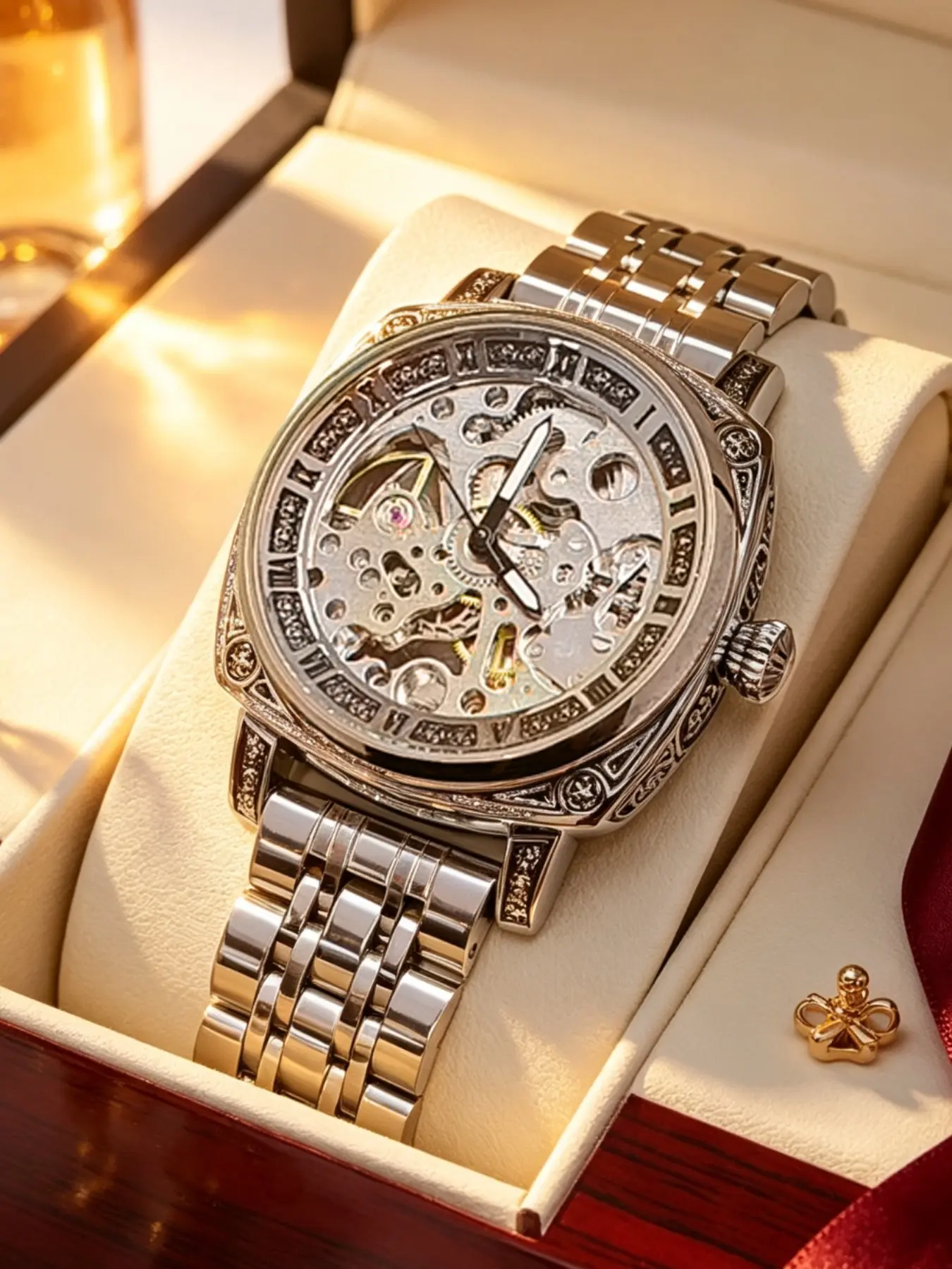Vintage Floral Design Men's Watch, Full Open Face Mechanical Structure, Gold-Tone Steel Strap Waterproof Wristwatch, All Seasons, Mechanical Watches