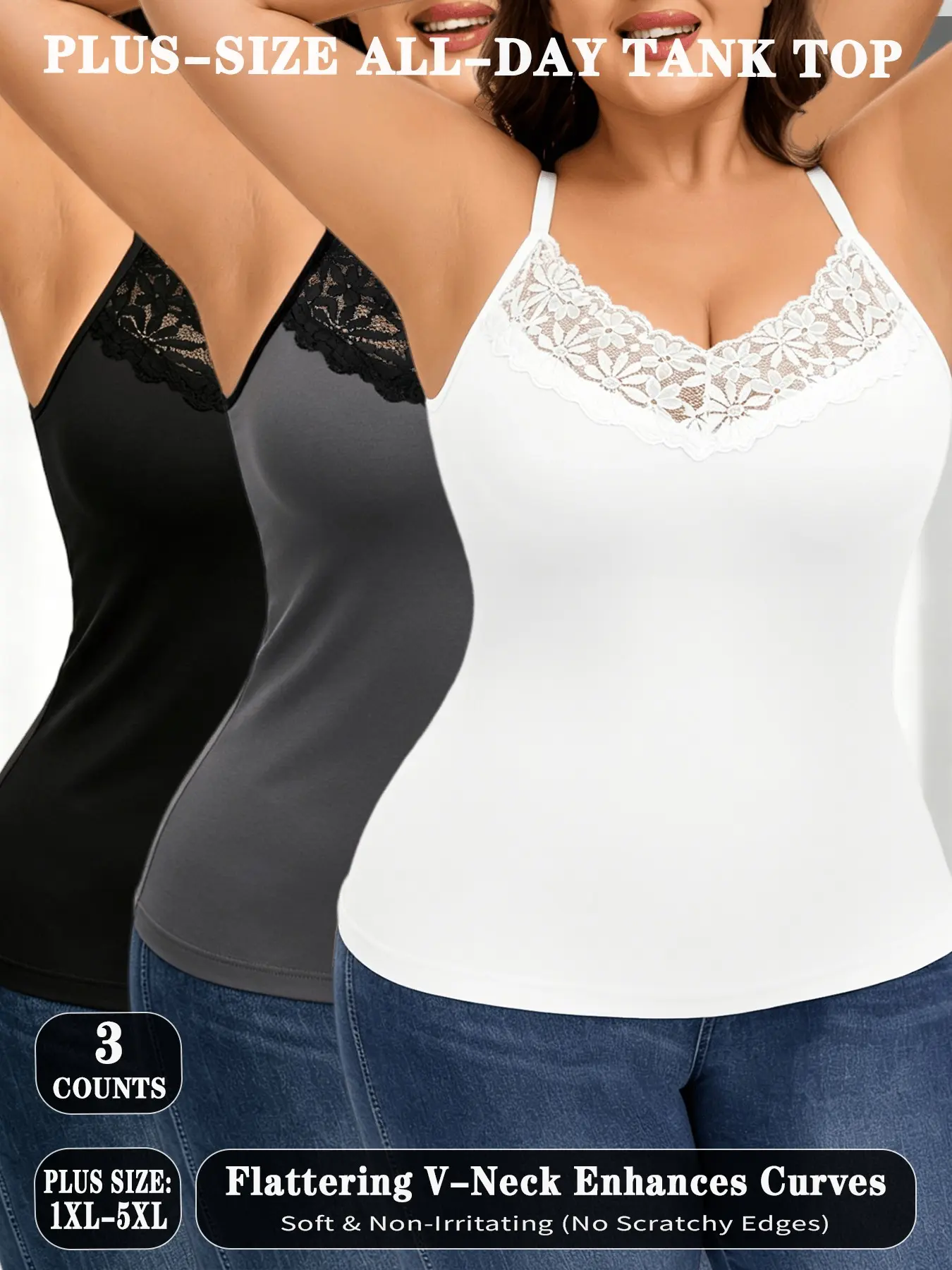 3-PCS Plus Size Lace Tank Tops Elegant, Soft Skin-Friendly, Slimming V-Neck Waist-Tightening, Daily Wear Undergarments, Comfortable and Non-Irritating, Underwear