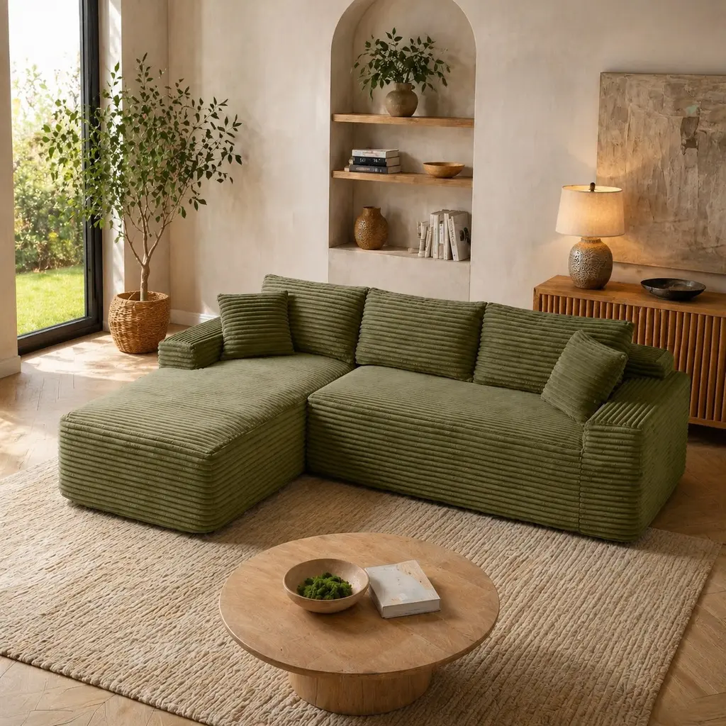 105-in Minimalist Corduroy L-Shape Convertible Sectional Sofa - Soft, Textured, Wrinkle-Resistant Deep Seat Chaise, No-Assembly Cloud Upholstered Green Indoor Living Room Couch with Multiple Seats, Wide Arms, Flexible Configuration