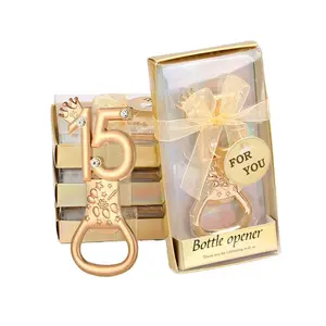 5-Piece 15th Anniversary Champagne Gold Corkscrew Set, Crown and Rhinestone Design, Gift Box Party Souvenirs, Model 15-001-Kpq