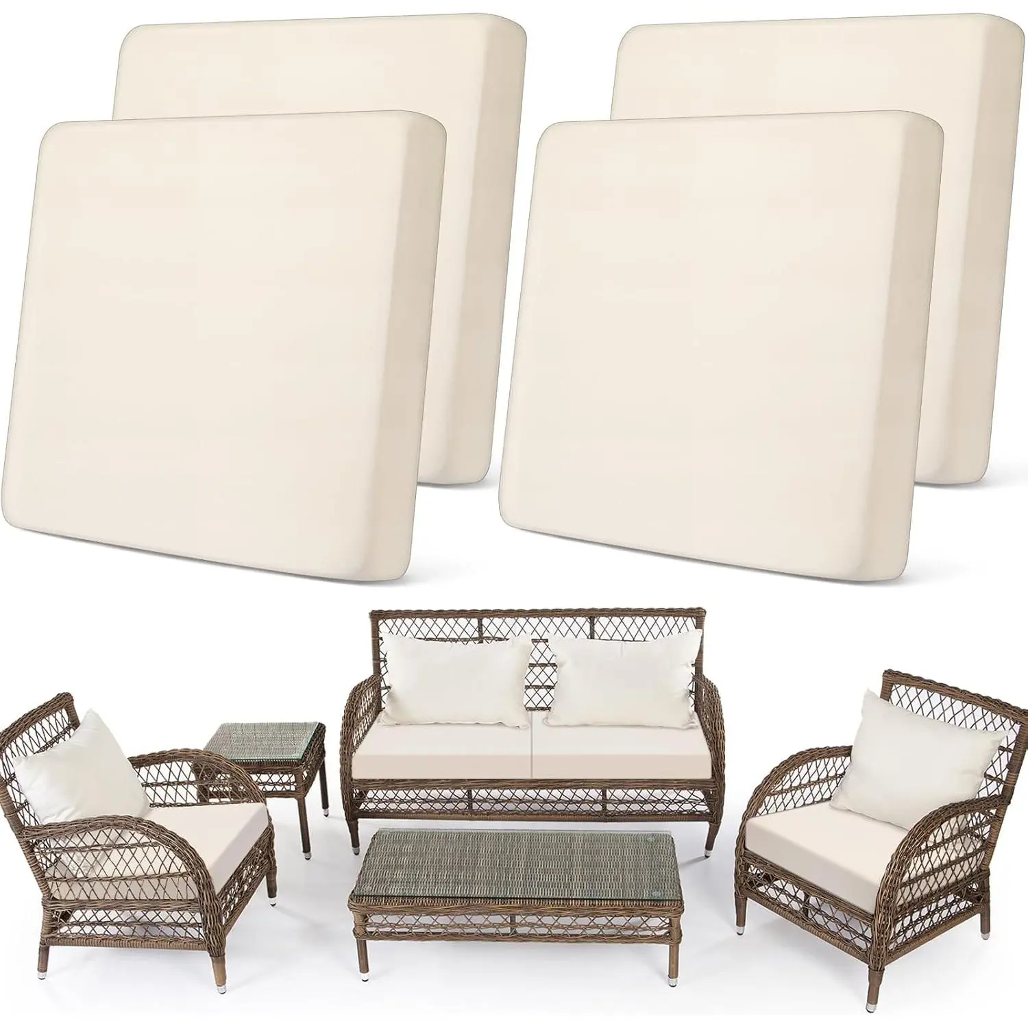 Set of 4 Stretch Patio Cushion Covers Sofa Couch Seat Chair Slipcovers Cushion Cover  Furniture Protector for Pets Washable(Beige,Seat Cover,Solid)
