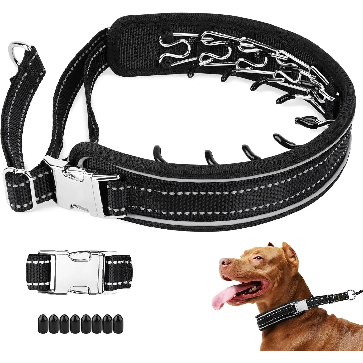Prong Collar for Large Medium Dogs, Patented Reflective Pinch Collar with Metal Buckle, No Pull Adjustable Hidden Covered Dog Walking Training for Pitbull German Shepherd Doberman(Black, L)