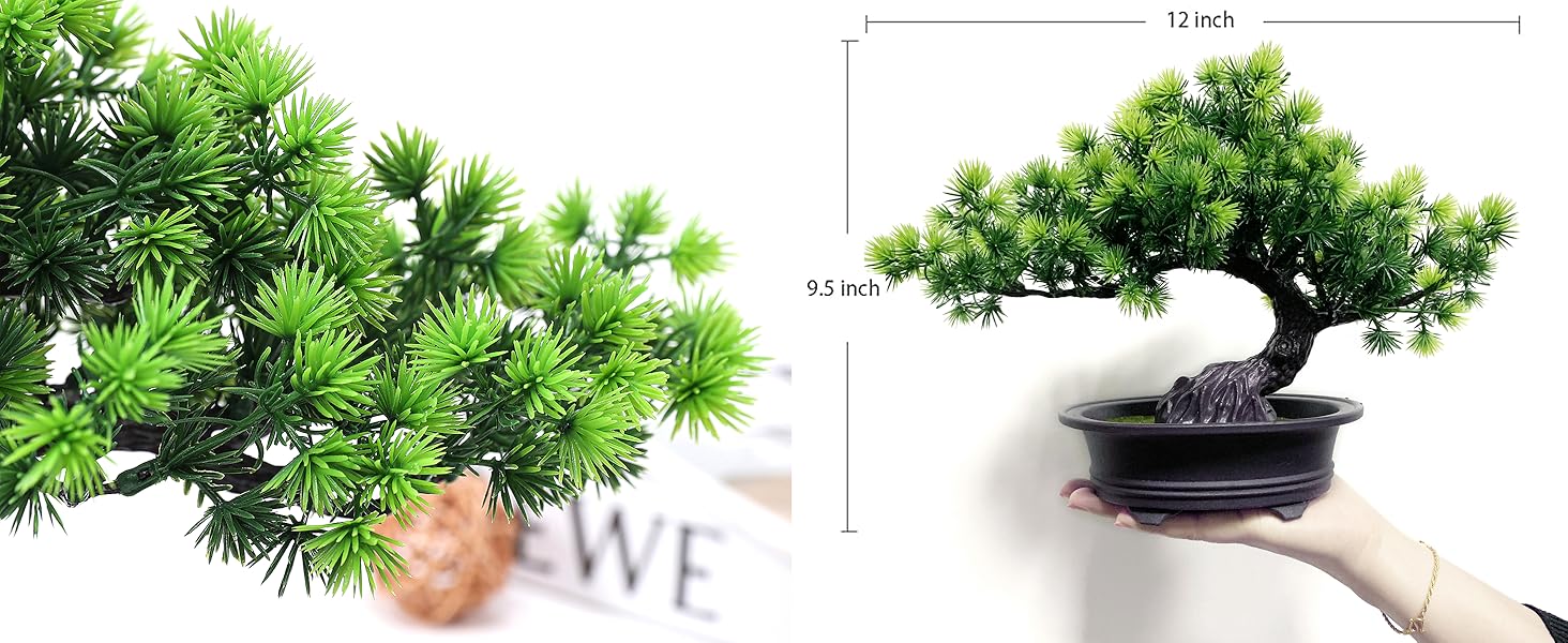 Artificial Bonsai Tree Fake Plants for Home Decor, Living Room Bathroom Bookshelf Entryway Table Wall Shelf Modern Farmhouse Decor, 9.5" Tall, Green