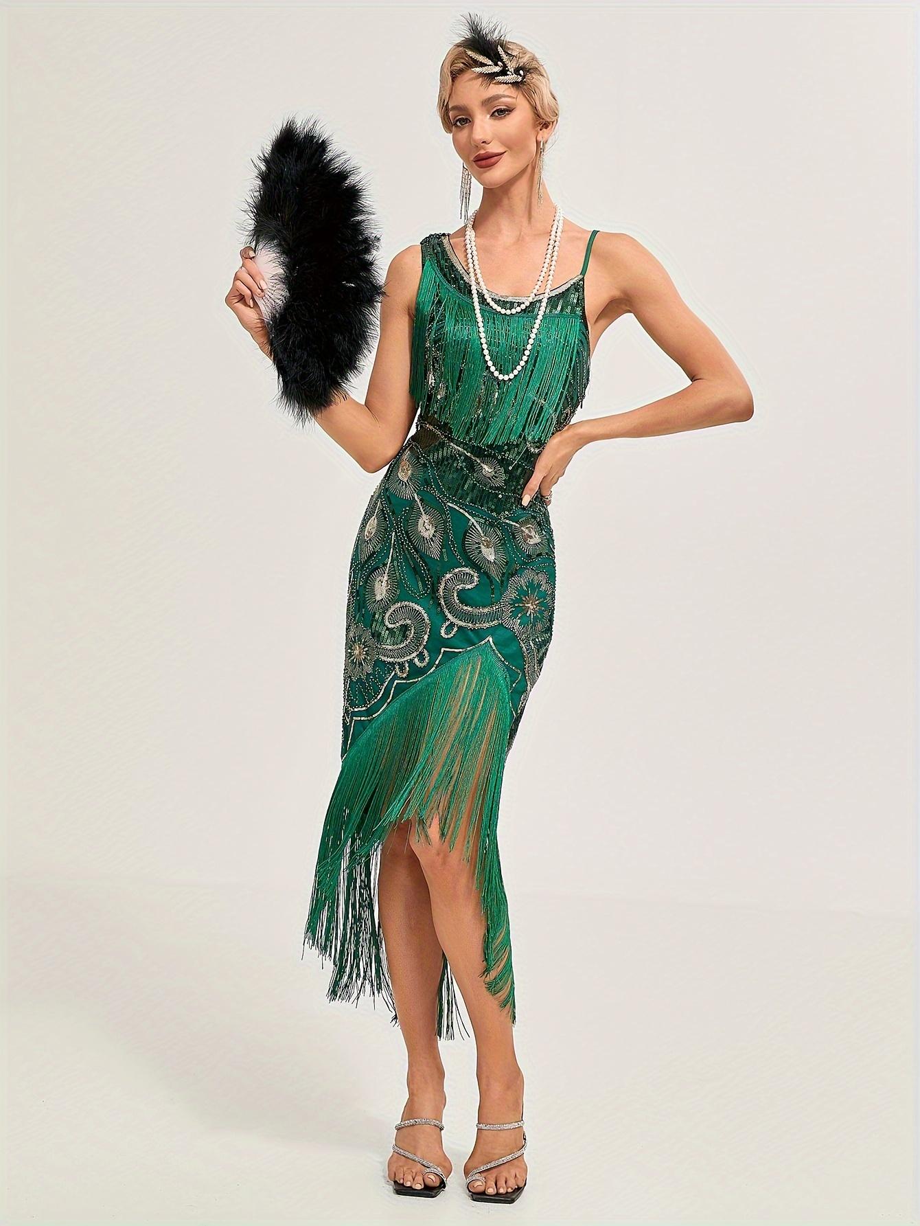 Sequined Fringe Hem Flapper Dress, Vintage Sleeveless Bodycon Dress For Party & Banquet, Women's Clothing