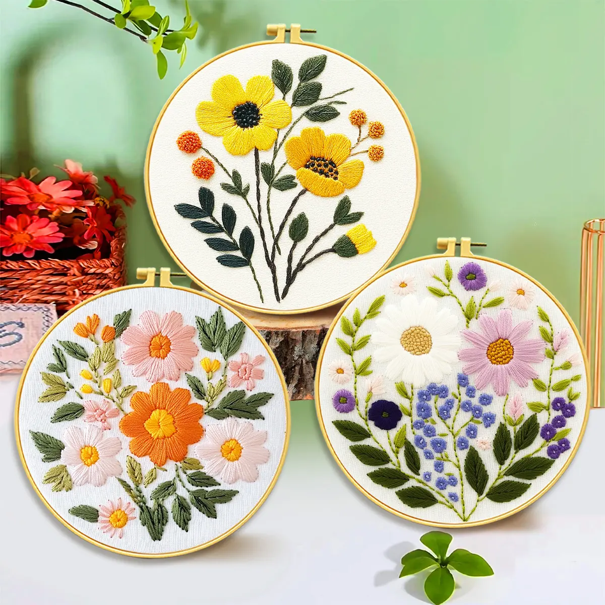 3pcs Pre-printed Embroidery Kit for Beginners, Handmade Floral DIY Craft Set on Fabric with Hoop, Threads & Scissors for Home Room Decor, Diy Kits, Handmade Embroidery, Home Wall Decor