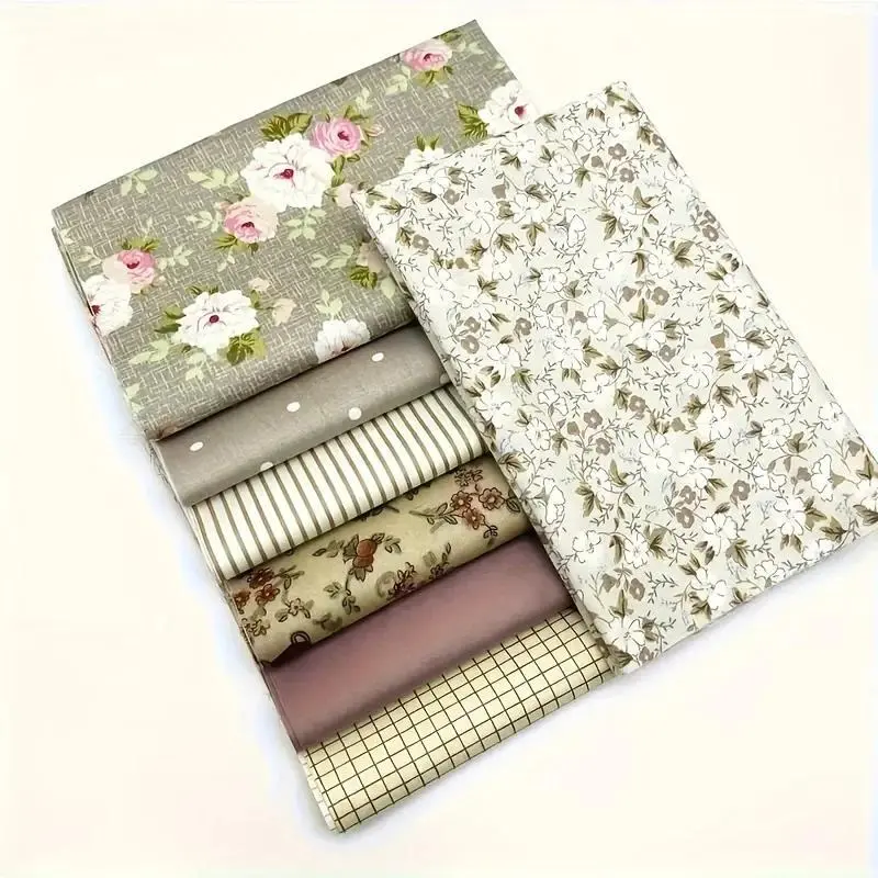 7pcs vintage cotton fabrics featuring beautiful floral, checkered, striped, and polka dot patterns, handmade DIY fabrics