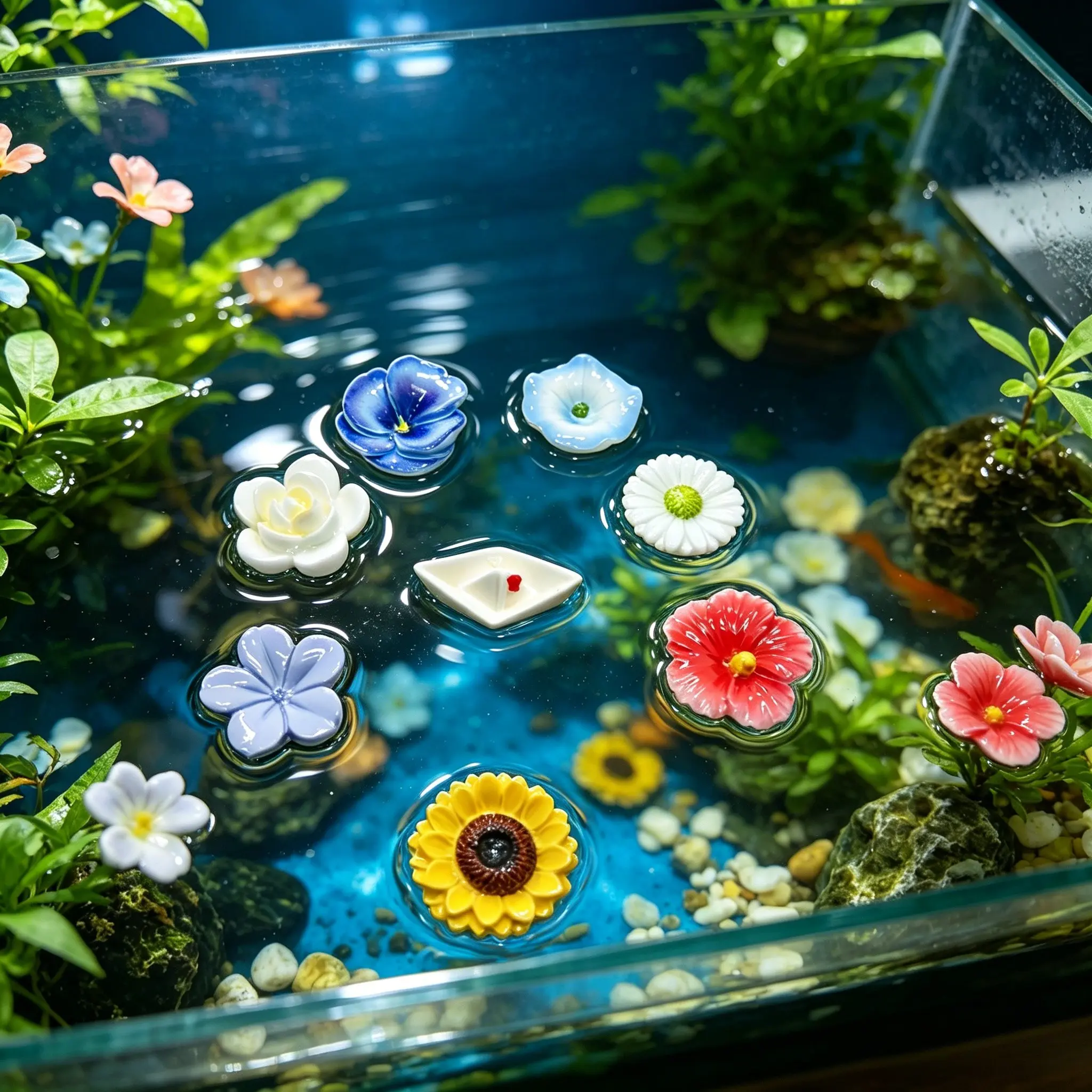 8/4pcs Resin Floating Flowers, Aquarium Decor, Paper Boat Design, Creative Water Surface Decoration, Fish Tank Landscape Ornament, Aquarium Decorations